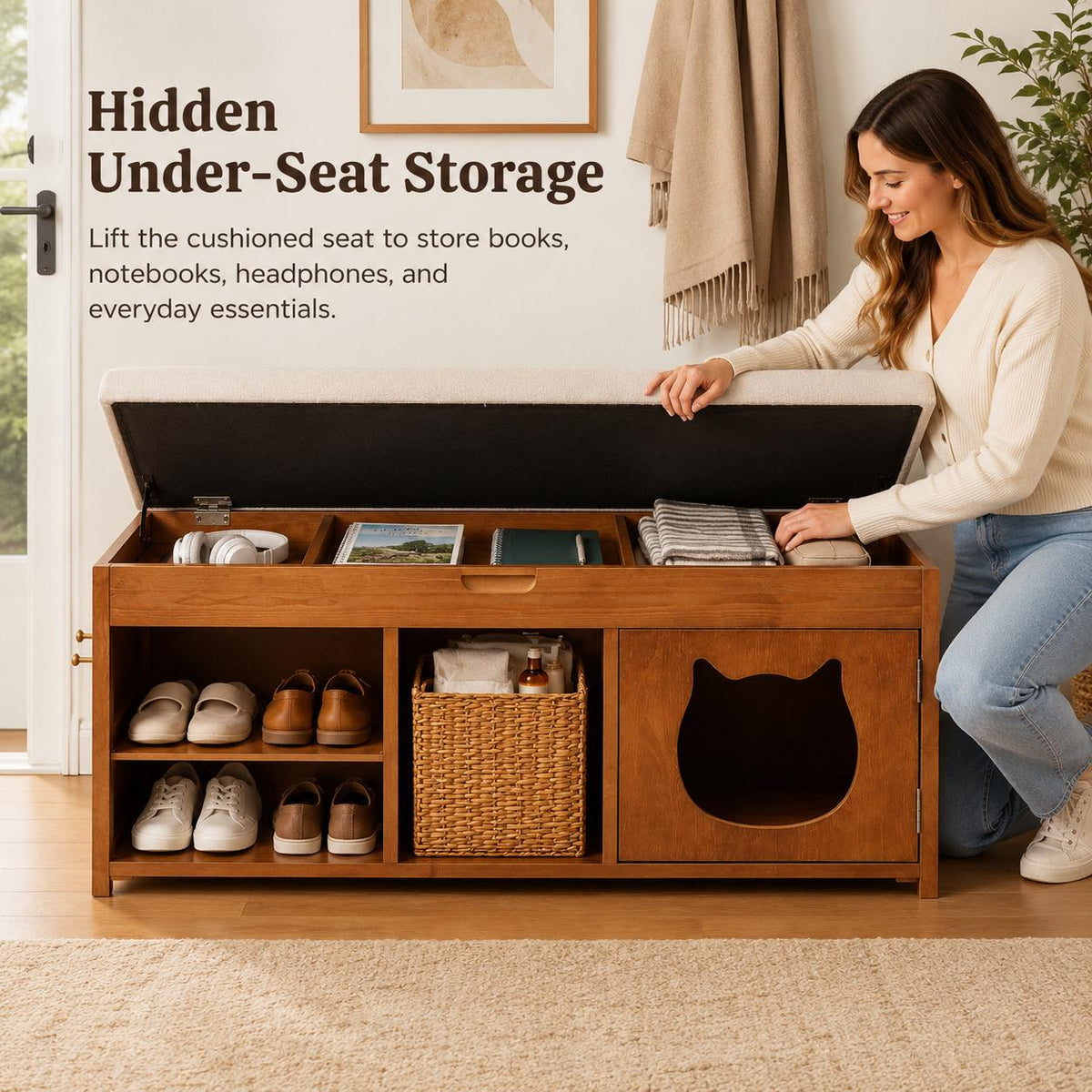 Solid Wood Entryway Bench with Cat Cabinet and Hidden Storage Compartment