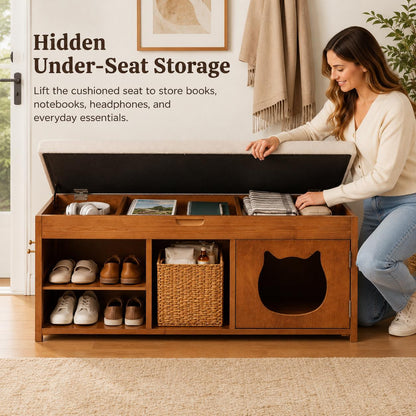 Solid Wood Entryway Bench with Cat Cabinet and Hidden Storage Compartment