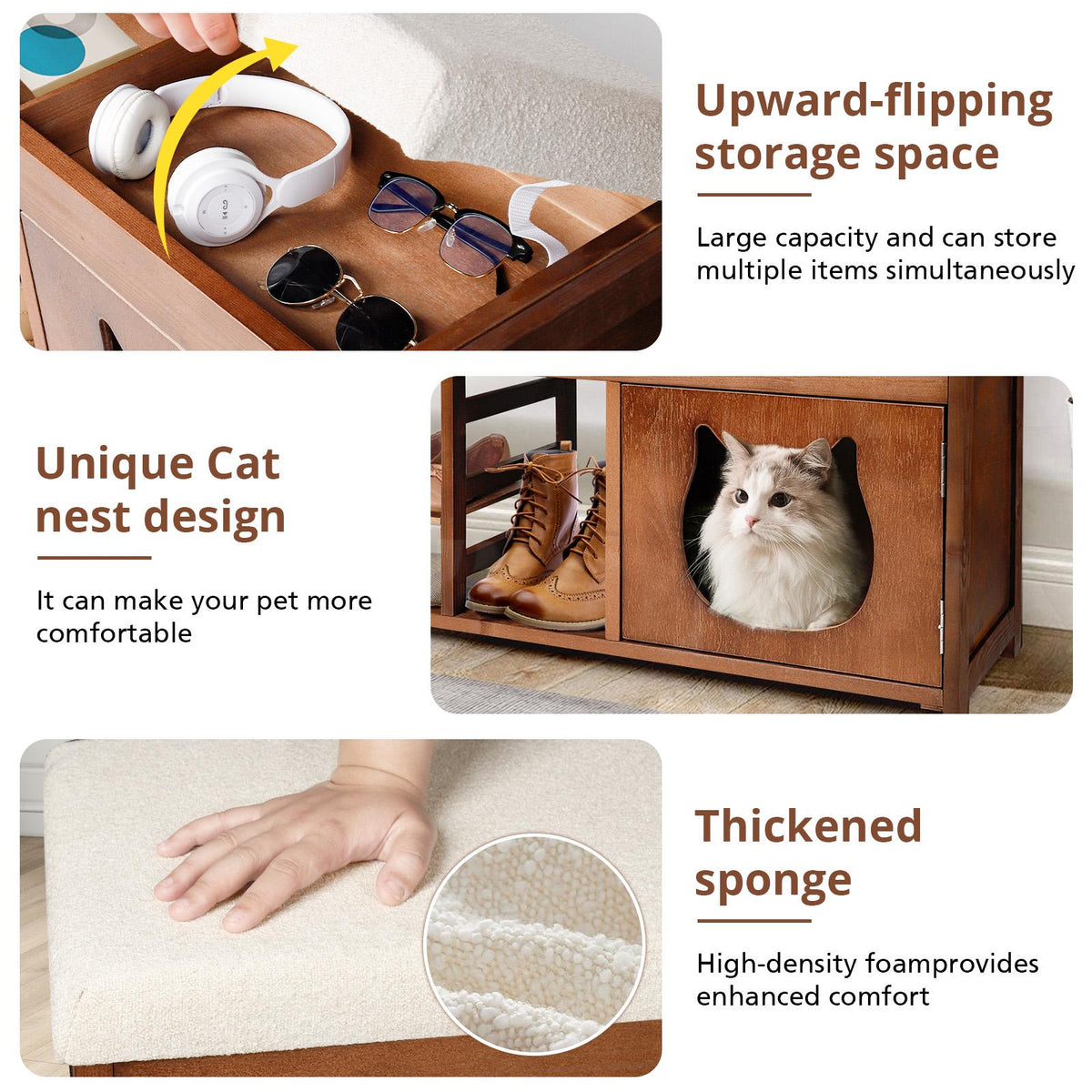 Solid Wood Entryway Bench with Cat Cabinet and Hidden Storage Compartment