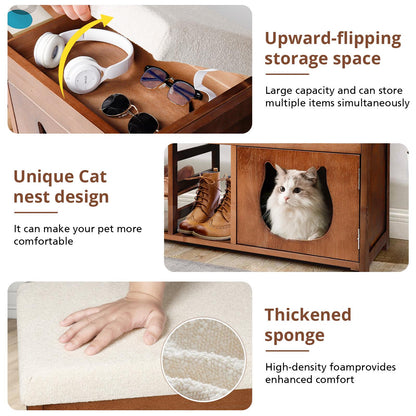 Solid Wood Entryway Bench with Cat Cabinet and Hidden Storage Compartment
