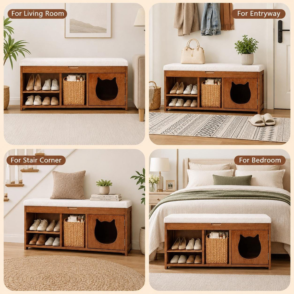 Solid Wood Entryway Bench with Cat Cabinet and Hidden Storage Compartment