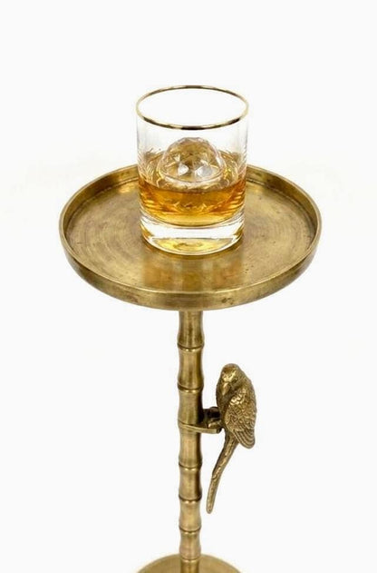 Antique Brass Bamboo Side Table with Parrot Accent