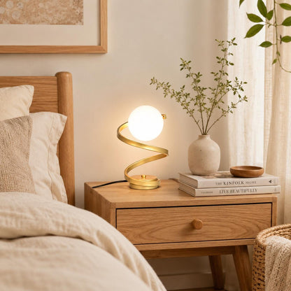 Spiral LED Table Lamp, Glass Globe Bedside Light for Bedroom