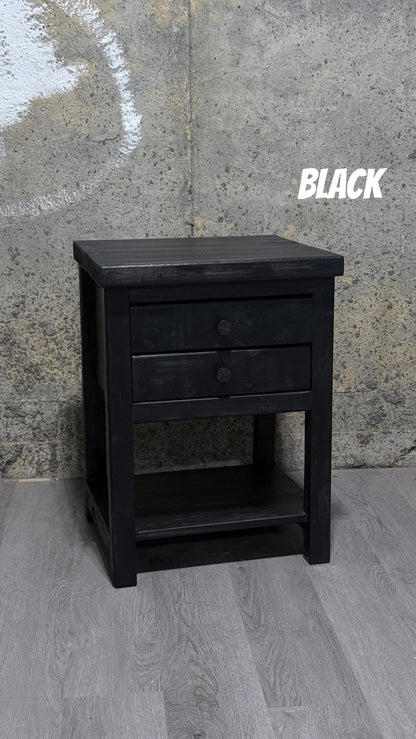 Rustic Solid Wood Nightstand with 2 Drawers and Shelf : Country Style