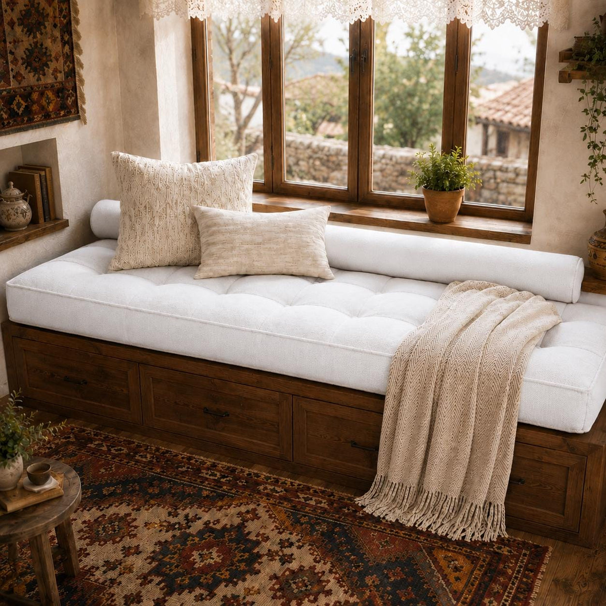 Large Window Seat Cushion, Tufted Bench Cushion, Handmade Indoor Bench Seat