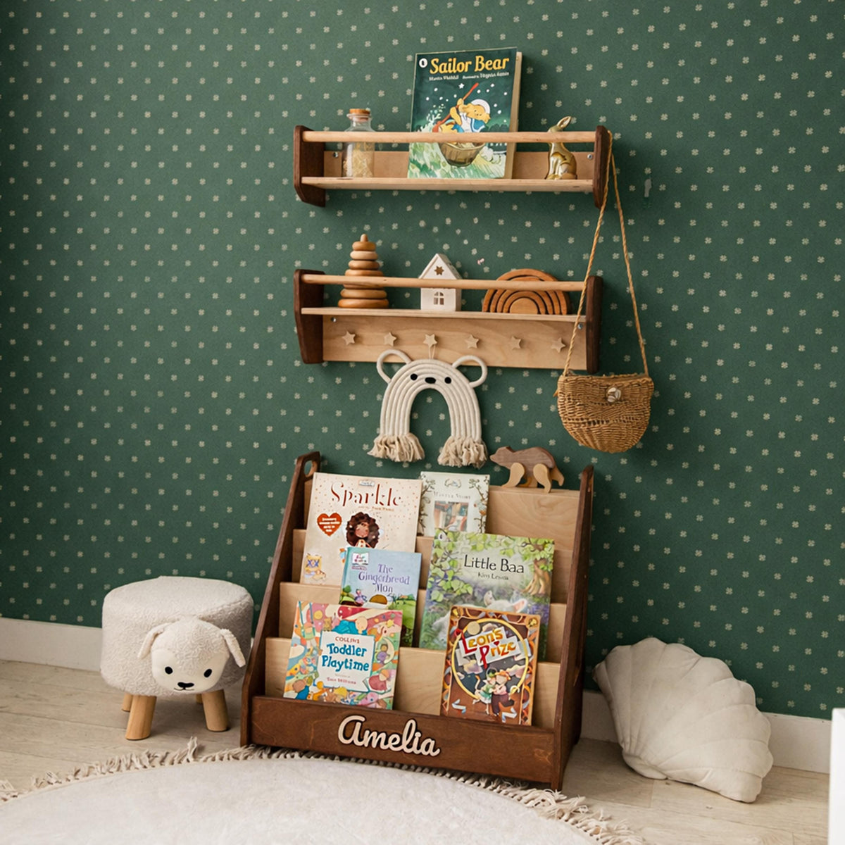 Natural Toddler Shelf for Toys & Books – Montessori Wooden Wall Shelf with Star Hooks – Kids Clothes Rack – Floating Nursery Room Organizer