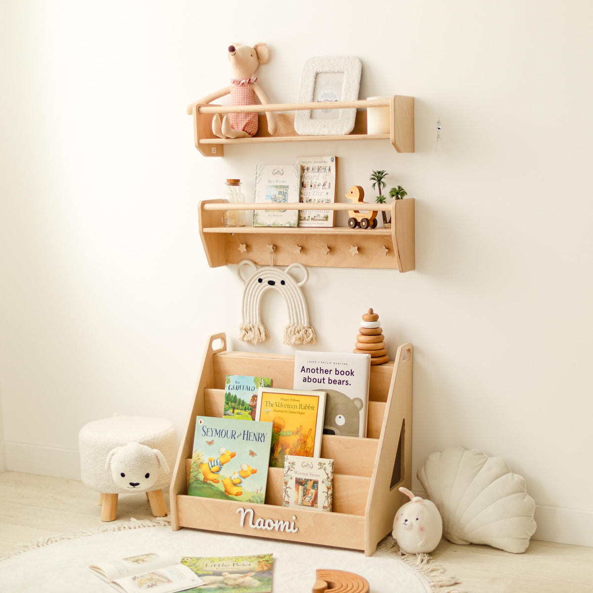 Natural Toddler Shelf for Toys & Books – Montessori Wooden Wall Shelf with Star Hooks – Kids Clothes Rack – Floating Nursery Room Organizer