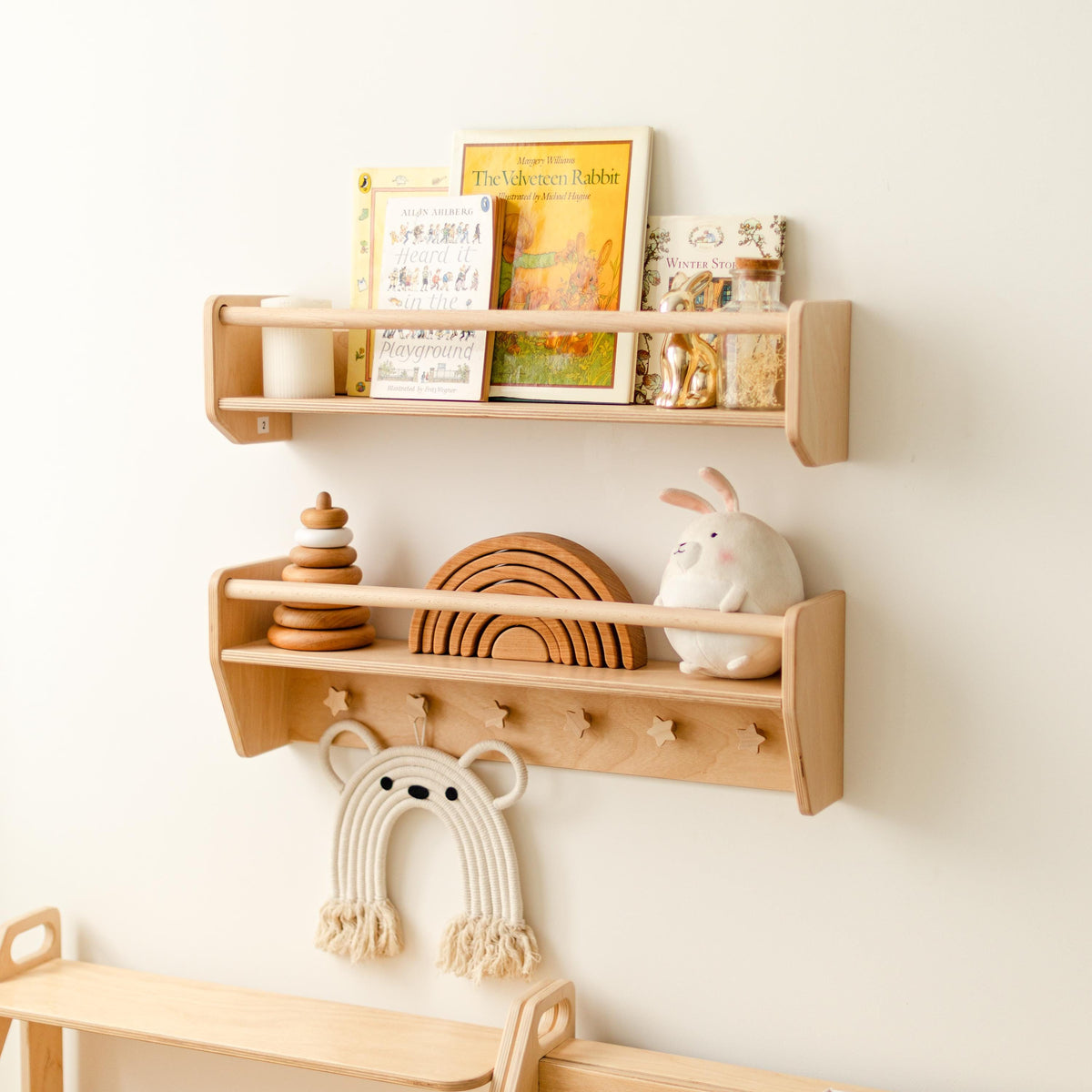 Natural Toddler Shelf for Toys & Books – Montessori Wooden Wall Shelf with Star Hooks – Kids Clothes Rack – Floating Nursery Room Organizer
