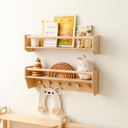 Natural Toddler Shelf for Toys & Books – Montessori Wooden Wall Shelf with Star Hooks – Kids Clothes Rack – Floating Nursery Room Organizer