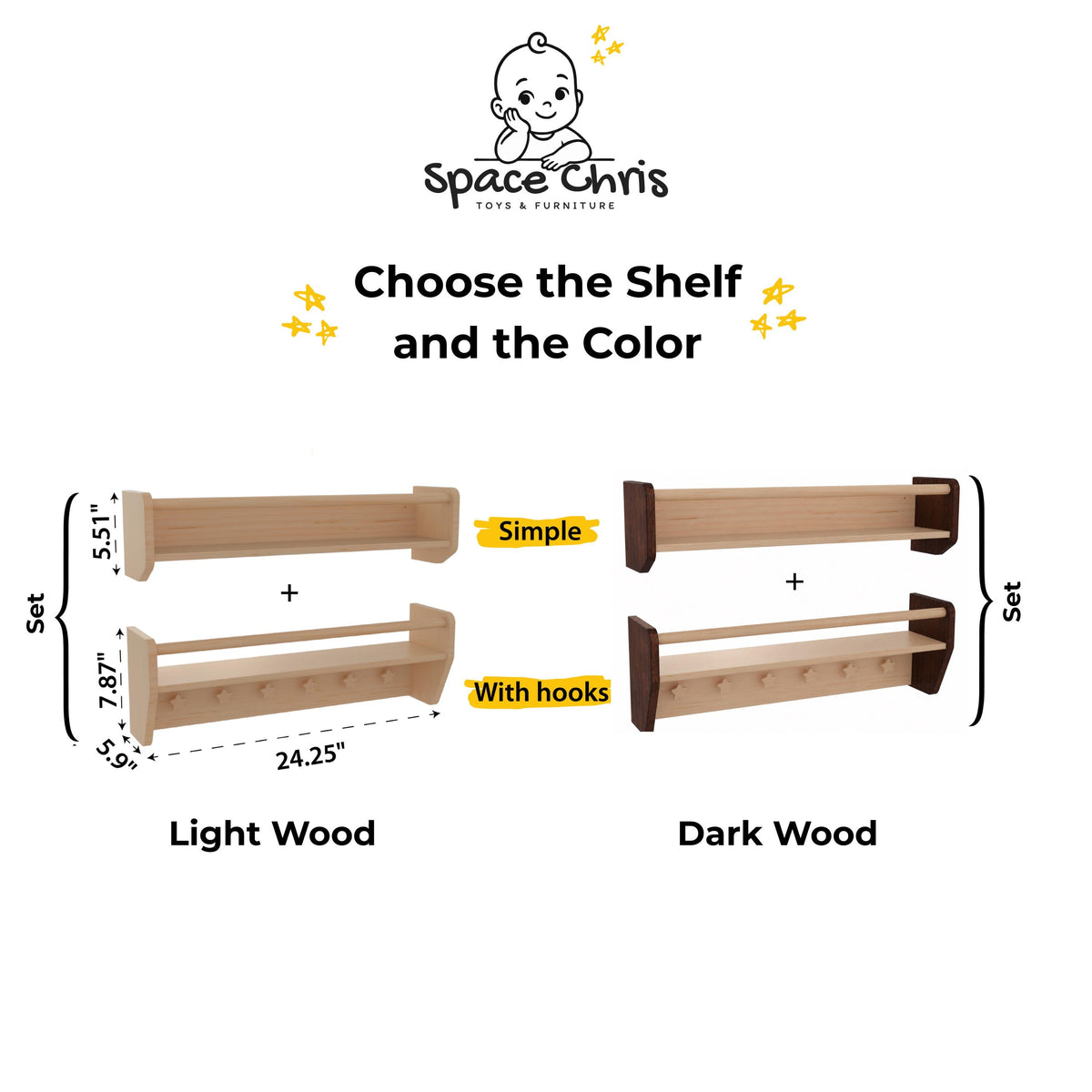 Natural Toddler Shelf for Toys & Books – Montessori Wooden Wall Shelf with Star Hooks – Kids Clothes Rack – Floating Nursery Room Organizer