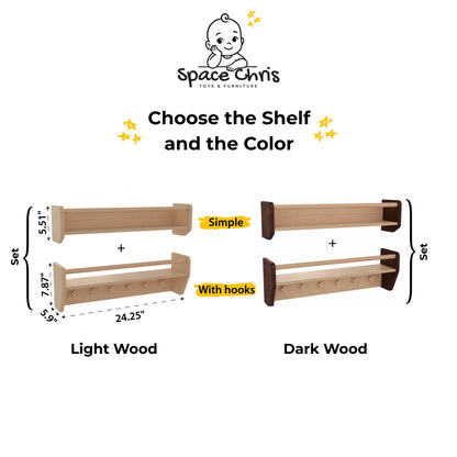 Natural Toddler Shelf for Toys & Books – Montessori Wooden Wall Shelf with Star Hooks – Kids Clothes Rack – Floating Nursery Room Organizer