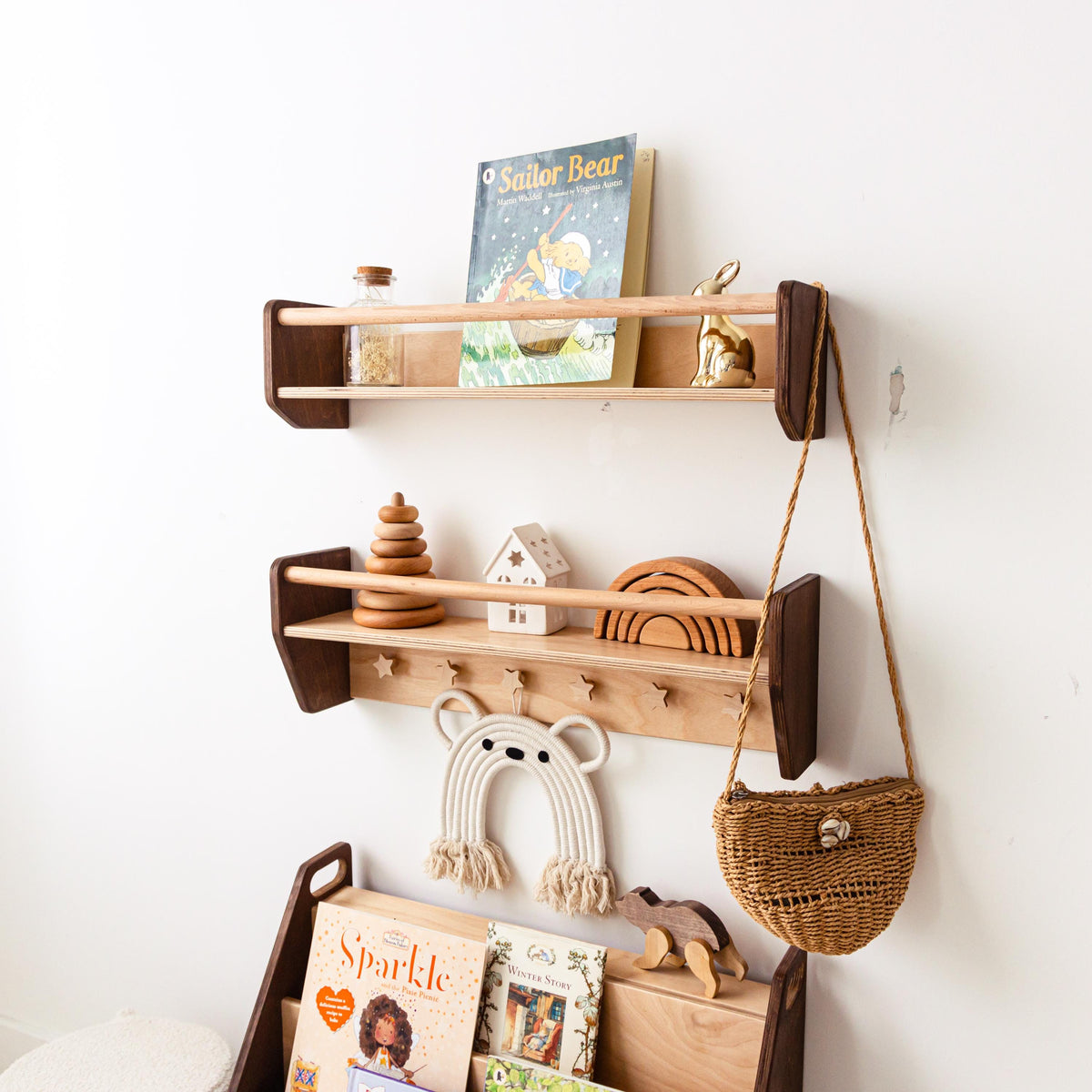 Natural Toddler Shelf for Toys & Books – Montessori Wooden Wall Shelf with Star Hooks – Kids Clothes Rack – Floating Nursery Room Organizer