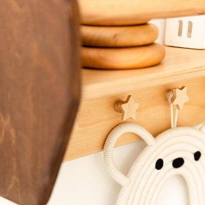 Natural Toddler Shelf for Toys & Books – Montessori Wooden Wall Shelf with Star Hooks – Kids Clothes Rack – Floating Nursery Room Organizer
