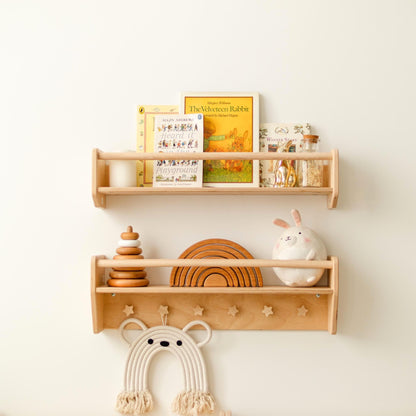 Natural Toddler Shelf for Toys & Books – Montessori Wooden Wall Shelf with Star Hooks – Kids Clothes Rack – Floating Nursery Room Organizer