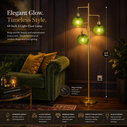 Modern Glass Floor Lamp, Dimmable 3-Light Standing Lamp with Green Shades - customizable light