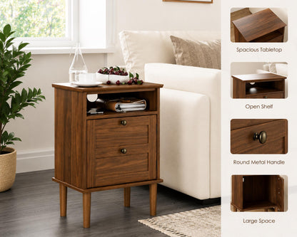 Modern Boho Nightstand, Wooden Bedside Table with Storage Drawer and Open Shelf, Bedroom End Table, Living Room Side Table, Small Cabinet
