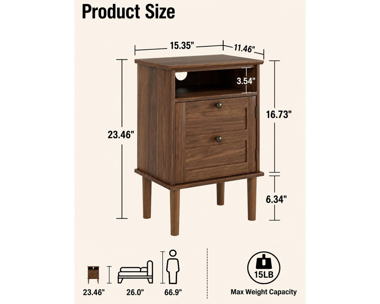 Modern Boho Nightstand, Wooden Bedside Table with Storage Drawer and Open Shelf, Bedroom End Table, Living Room Side Table, Small Cabinet