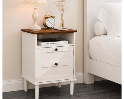 Modern Boho Nightstand, Wooden Bedside Table with Storage Drawer and Open Shelf, Bedroom End Table, Living Room Side Table, Small Cabinet