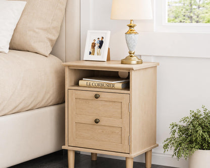 Modern Boho Nightstand, Wooden Bedside Table with Storage Drawer and Open Shelf, Bedroom End Table, Living Room Side Table, Small Cabinet