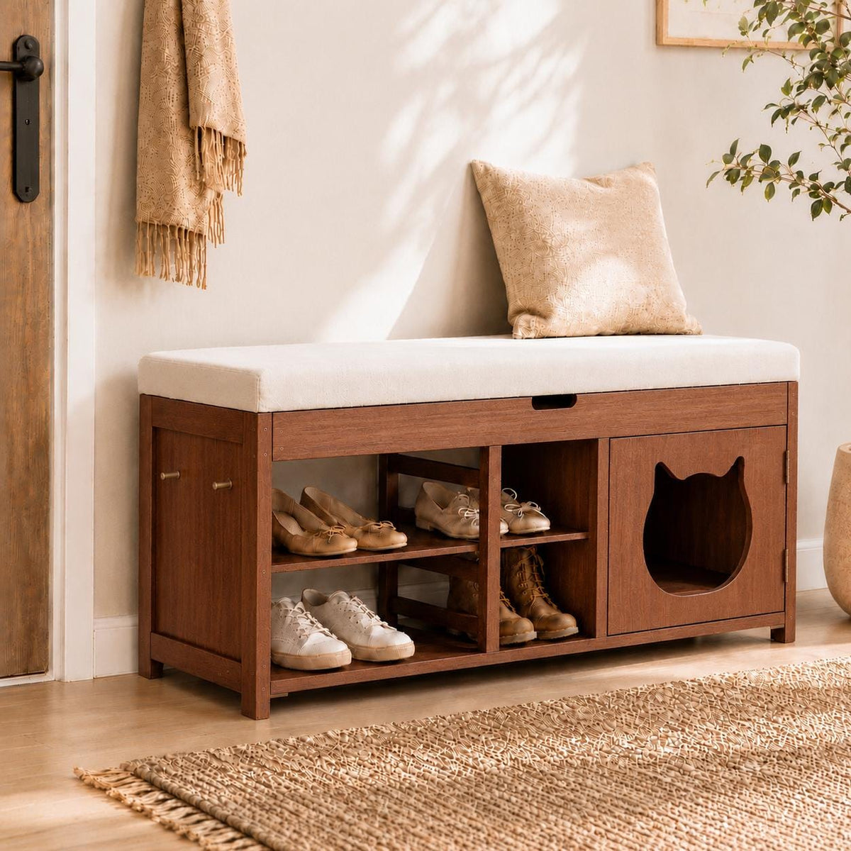 Solid Wood Entryway Bench with Cat Cabinet and Hidden Storage Compartment