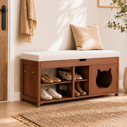 Solid Wood Entryway Bench with Cat Cabinet and Hidden Storage Compartment