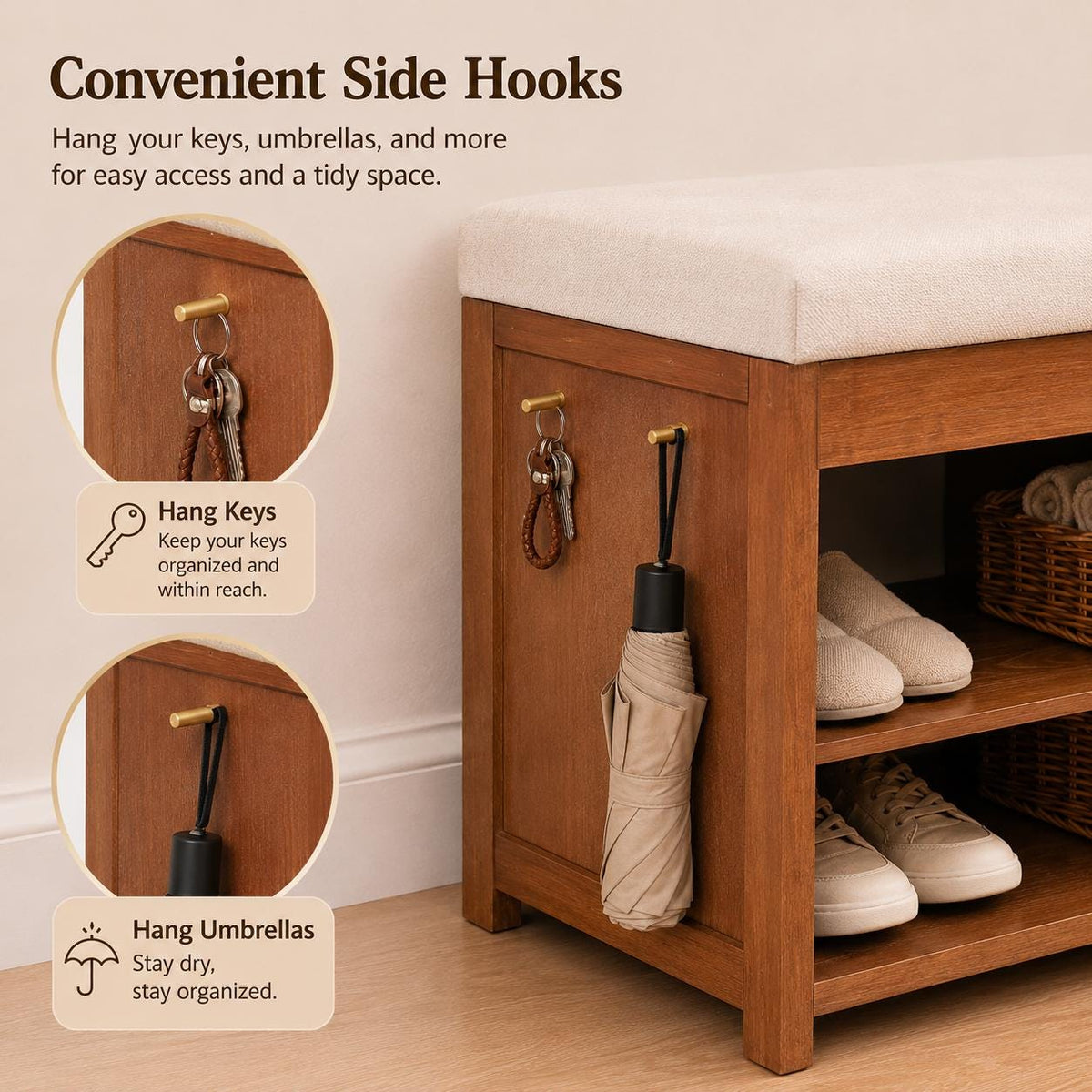 Solid Wood Entryway Bench with Cat Cabinet and Hidden Storage Compartment