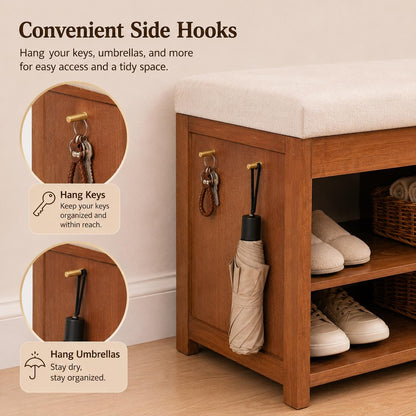 Solid Wood Entryway Bench with Cat Cabinet and Hidden Storage Compartment