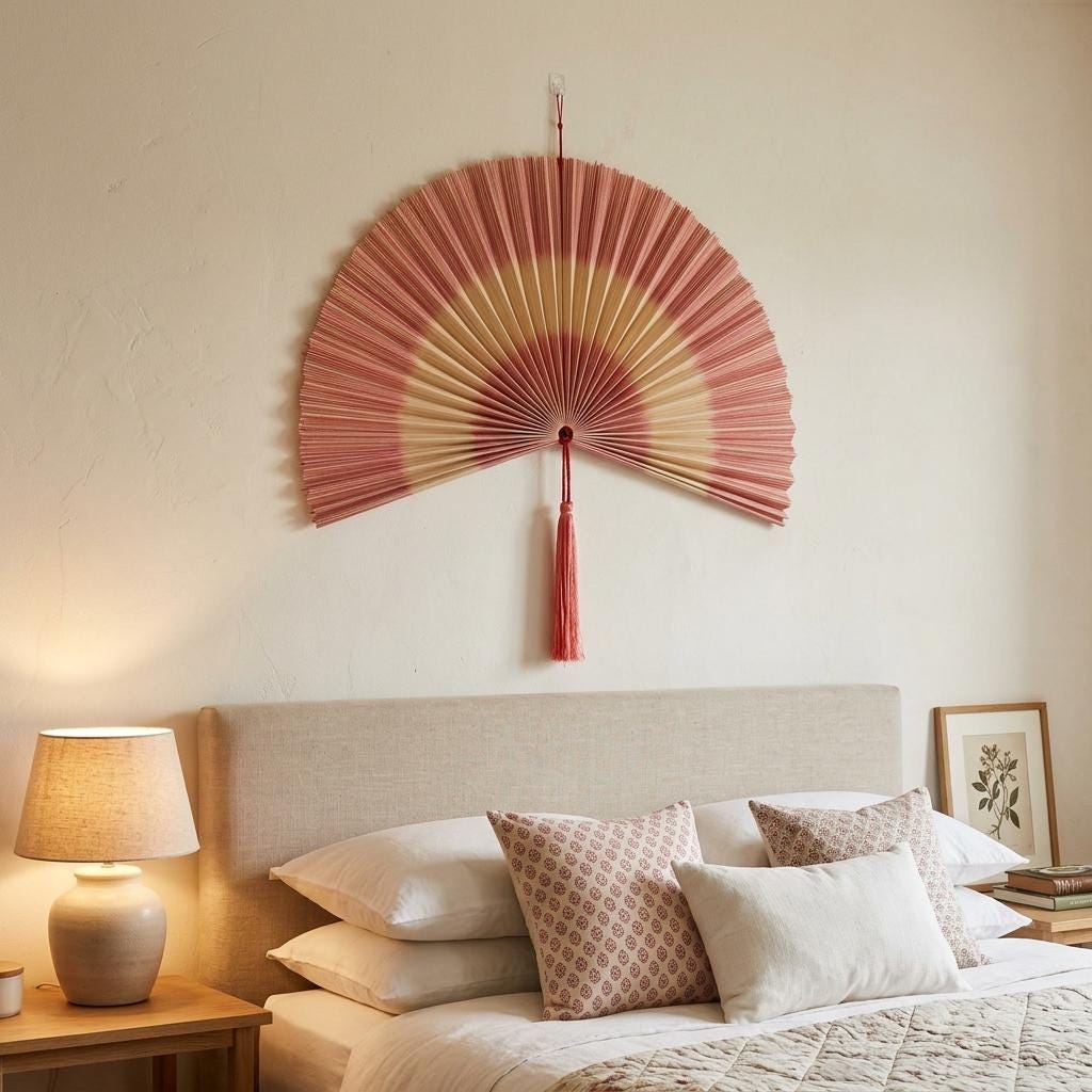 Dusty Rose Bamboo Wall Fan Decor for Bedroom & Living Room