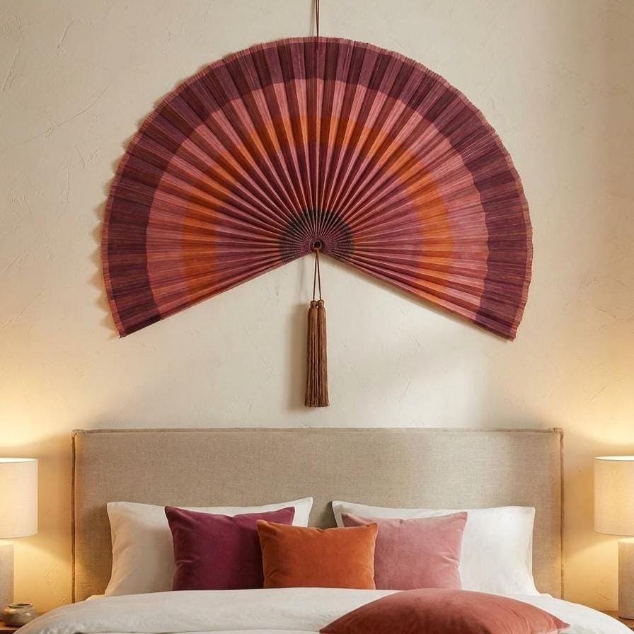 Dusty Rose Bamboo Wall Fan Decor for Bedroom & Living Room