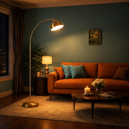 Dimmable Antique Brass Arc Floor Lamp – Banker’s Style Standing Lamp, Vintage Modern customizable Light