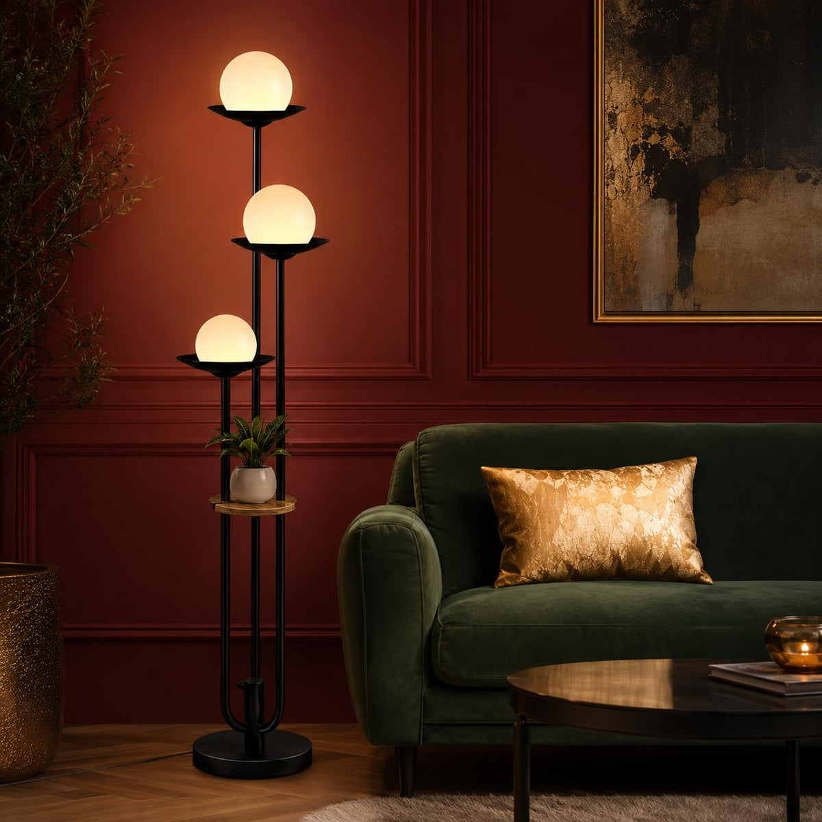 Mid-Century Modern Orange Globe Floor Lamp with Shelf, Dimmable Standing Light (Bulbs Included)