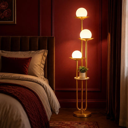 Mid-Century Modern Orange Globe Floor Lamp with Shelf, Dimmable Standing Light (Bulbs Included)