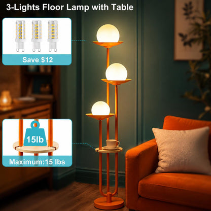 Mid-Century Modern Orange Globe Floor Lamp with Shelf, Dimmable Standing Light (Bulbs Included)