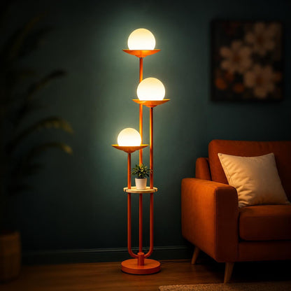 Mid-Century Modern Orange Globe Floor Lamp with Shelf, Dimmable Standing Light (Bulbs Included)