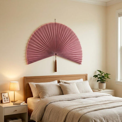 Dusty Rose Boho Wall Fan, Large Fan Headboard Decor, Bedroom Gift for Her