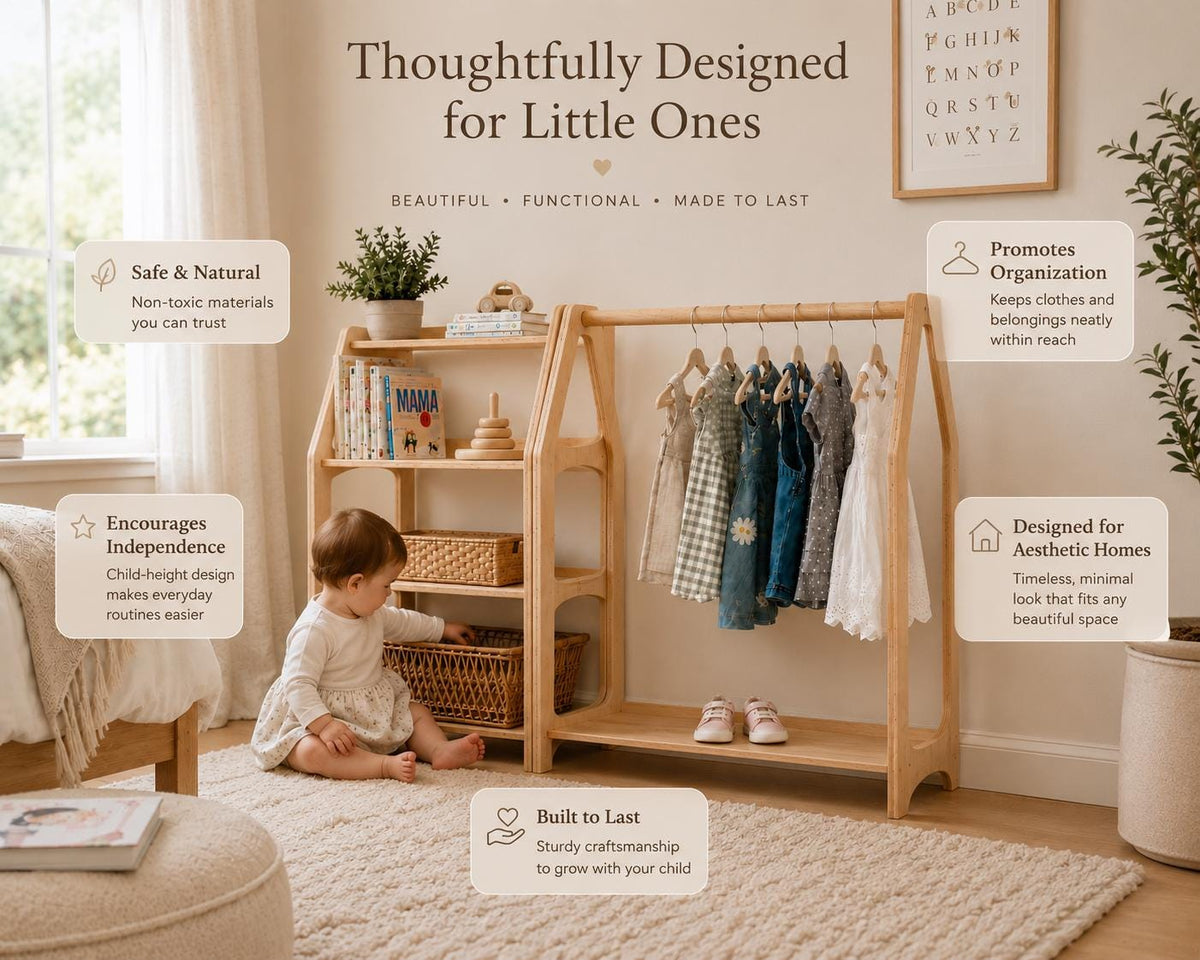 Montessori Clothing Rack & Shelf Set for Organized Toddler Nursery