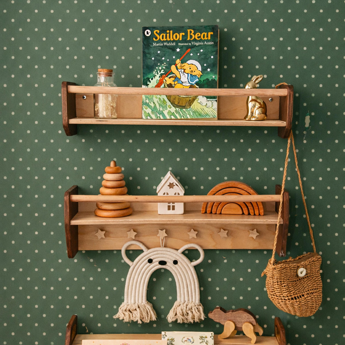 Natural Toddler Shelf for Toys & Books – Montessori Wooden Wall Shelf with Star Hooks – Kids Clothes Rack – Floating Nursery Room Organizer