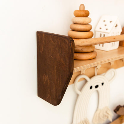 Natural Toddler Shelf for Toys & Books – Montessori Wooden Wall Shelf with Star Hooks – Kids Clothes Rack – Floating Nursery Room Organizer