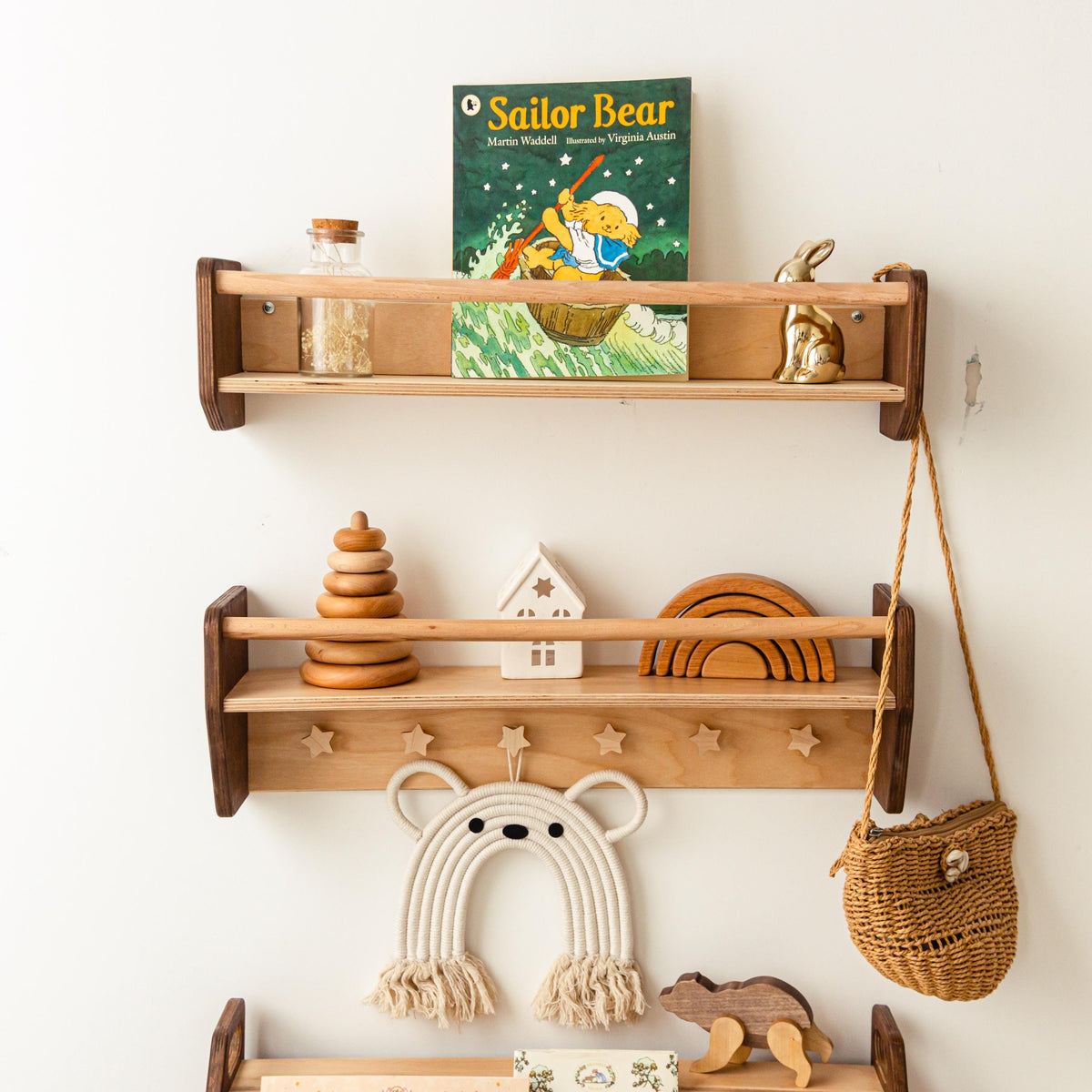 Natural Toddler Shelf for Toys & Books – Montessori Wooden Wall Shelf with Star Hooks – Kids Clothes Rack – Floating Nursery Room Organizer