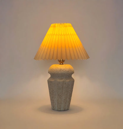 Handmade Cast Stone Table Lamp – Pleated Shade – Japandi Home Decor – UK Bedside Light | Edith