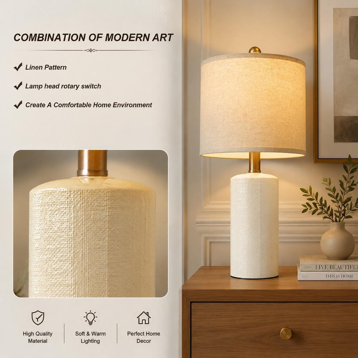 Green Ceramic Table Lamp with Fabric Shade, Modern Farmhouse Bedside Light