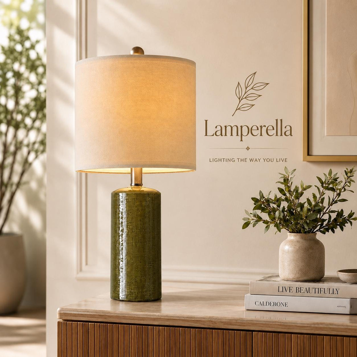 Green Ceramic Table Lamp, Modern Farmhouse Bedside Lamp, Small Nightstand Lamp, Boho Bedroom Decor, Living Room End Table Light