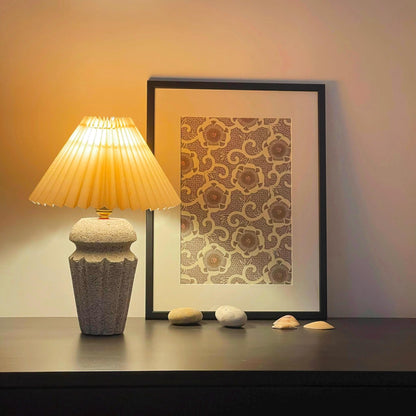 Handmade Cast Stone Table Lamp – Pleated Shade – Japandi Home Decor – UK Bedside Light | Edith