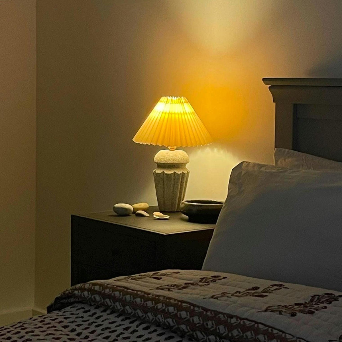 Handmade Cast Stone Table Lamp – Pleated Shade – Japandi Home Decor – UK Bedside Light | Edith