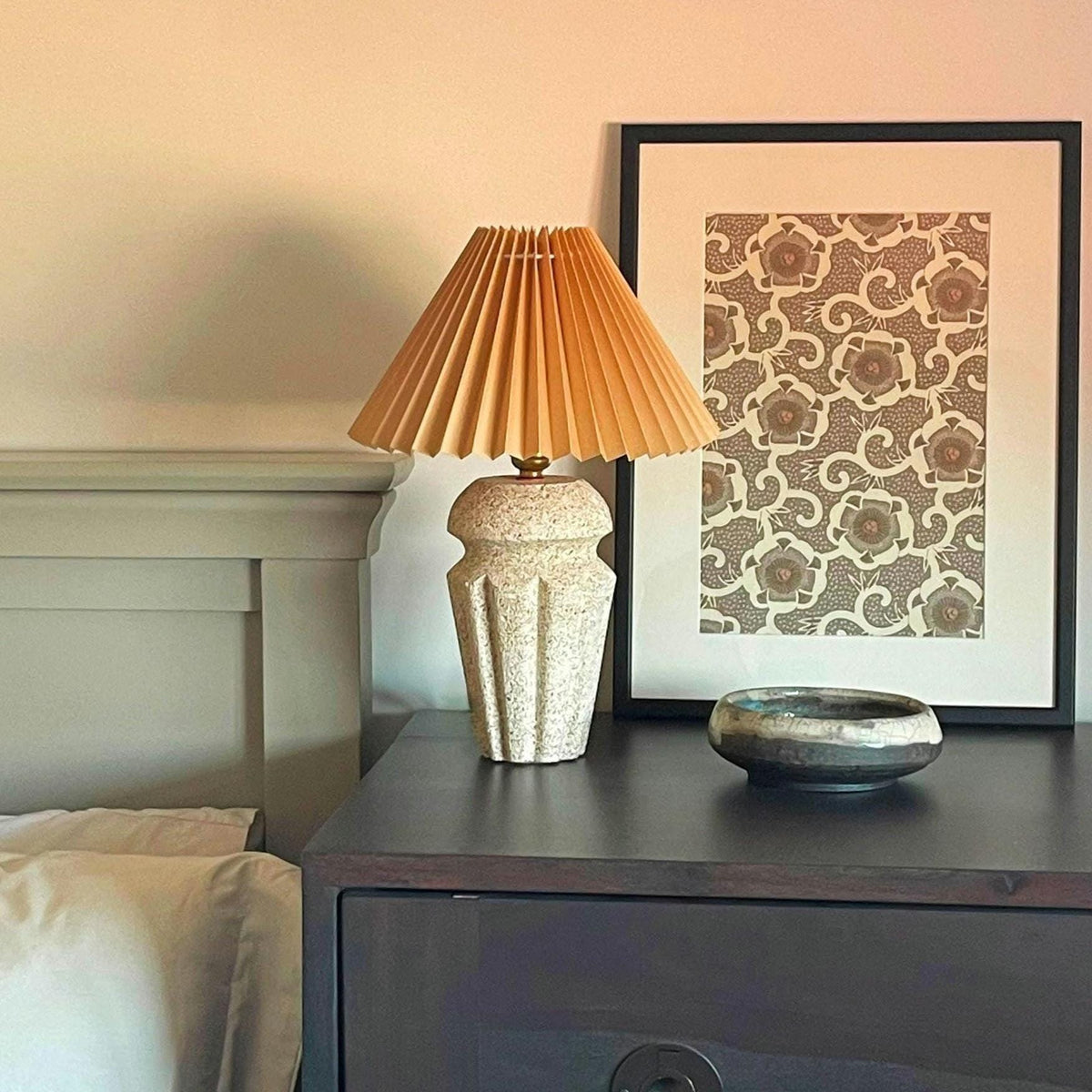 Handmade Cast Stone Table Lamp – Pleated Shade – Japandi Home Decor – UK Bedside Light | Edith