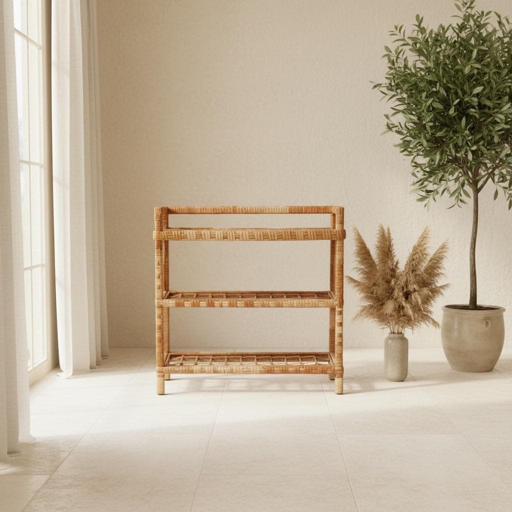 Bookshelf - Wicker Bookcase - Handmade Storage Shelf - Display Shelf - Boho Bookshelf - Rattan Bookshelf - Natural Wood Shelf
