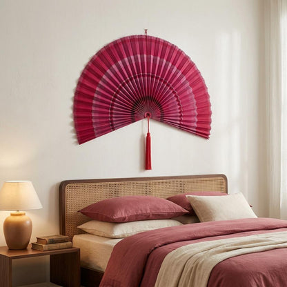 Dusty Rose Bamboo Wall Fan Decor for Bedroom & Living Room