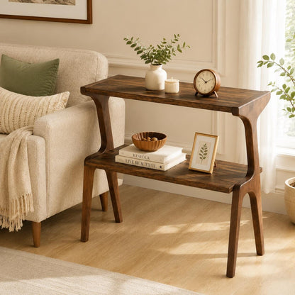Solid Wood End Table, Rustic Brown Side Table with Storage Shelf, 2 Tier Narrow Nightstand, Wooden Sofa Side Table for Living Room Bedroom