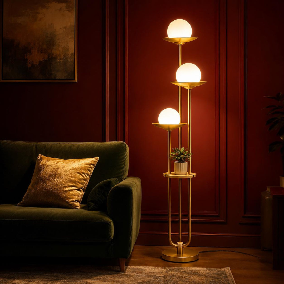 Mid-Century Modern Orange Globe Floor Lamp with Shelf, Dimmable Standing Light (Bulbs Included)