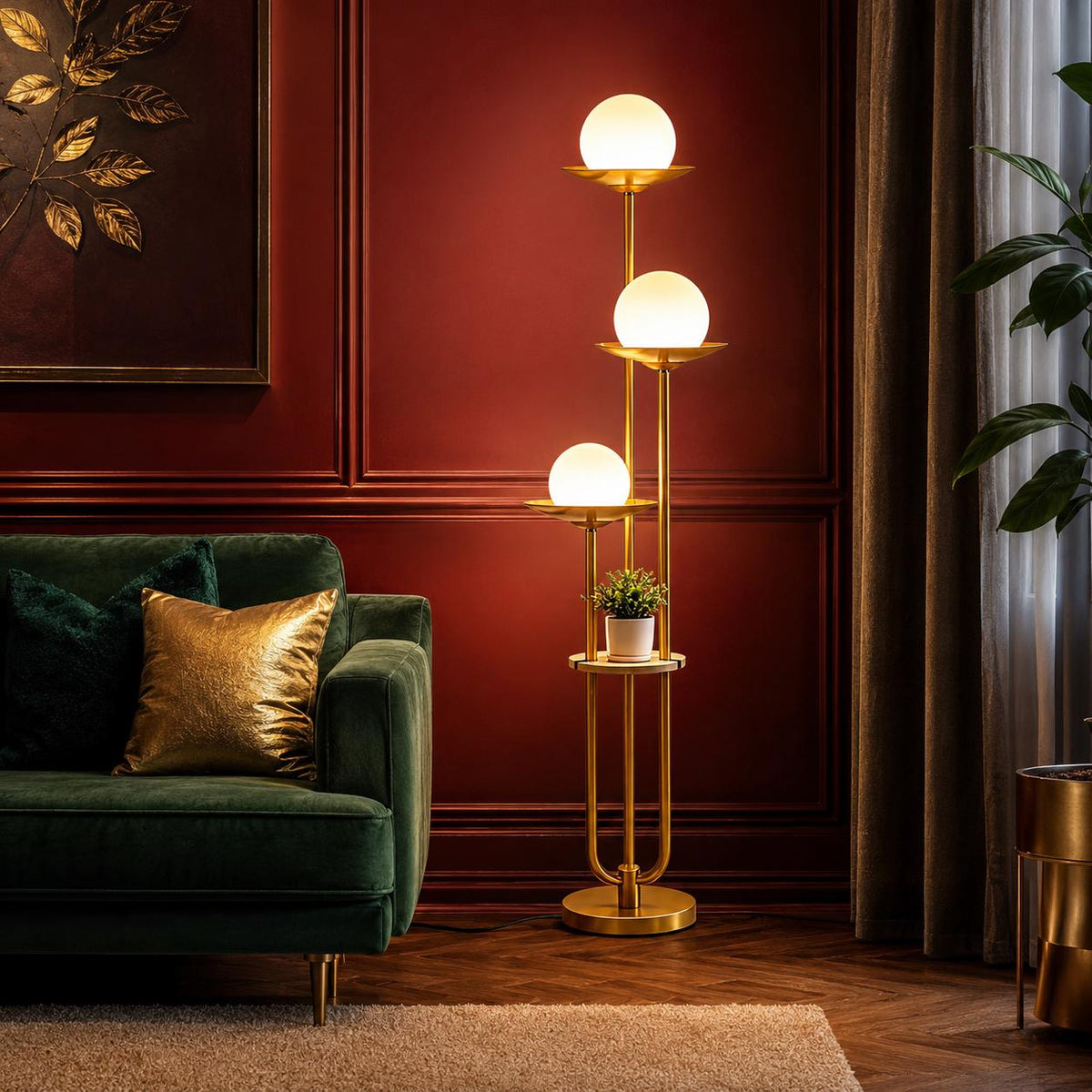Mid-Century Modern Orange Globe Floor Lamp with Shelf, Dimmable Standing Light (Bulbs Included)